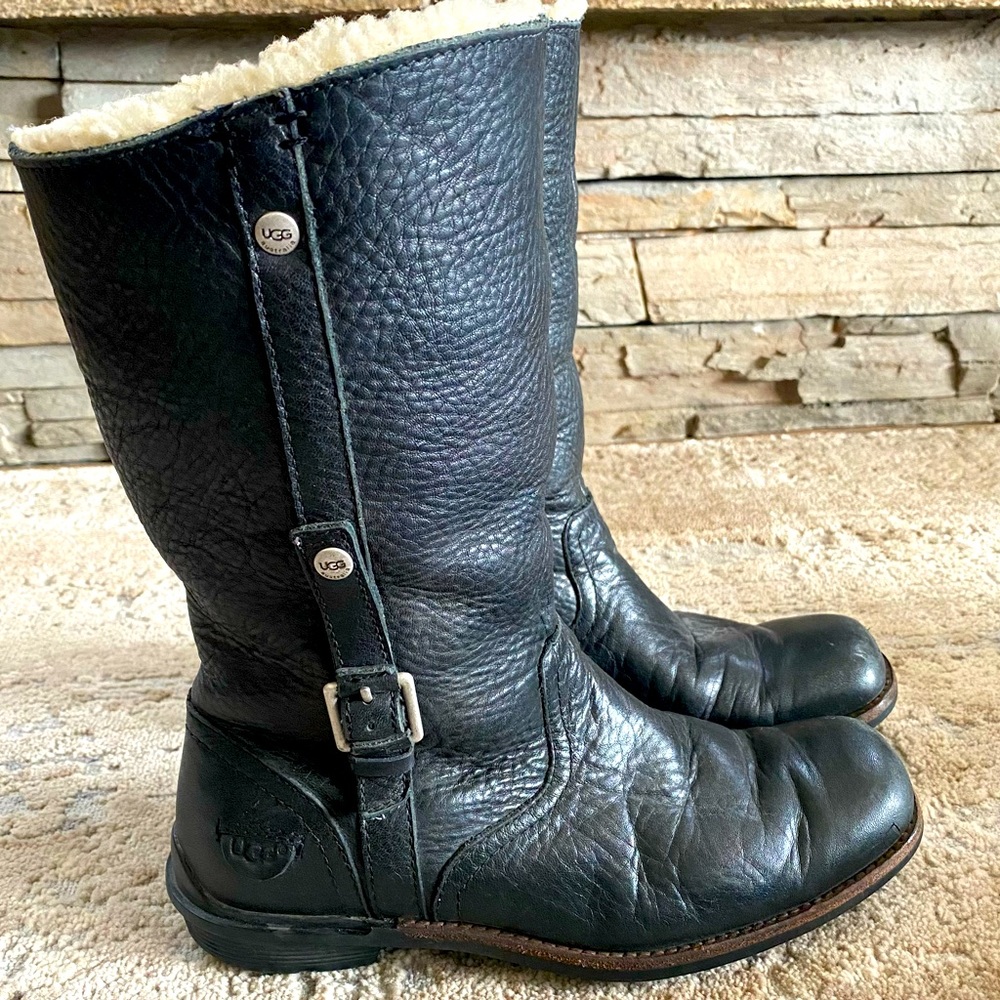 Ugg Bellevue Black Leather Winter Riding Boots Snow Tall Sheepskin Lined: 6.5